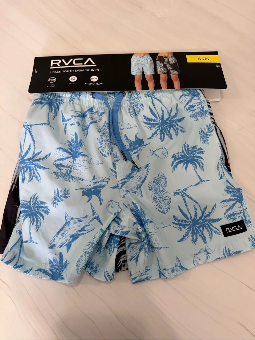 RVCA Light Blue Tropical Shark Print Youth Swim Shorts